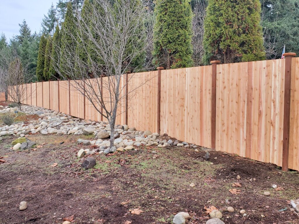 New cedar fence running along a residential property line in Pierce County, WA