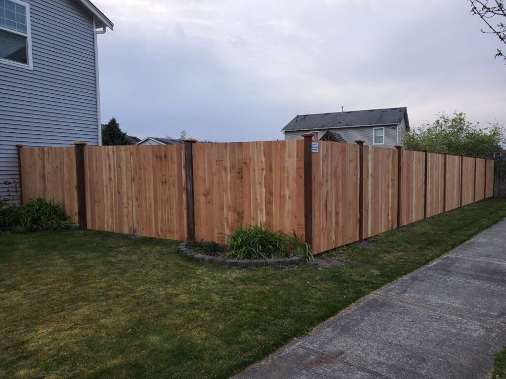 Six-foot cedar privacy fence installed along a residential side yard in Tacoma, WA